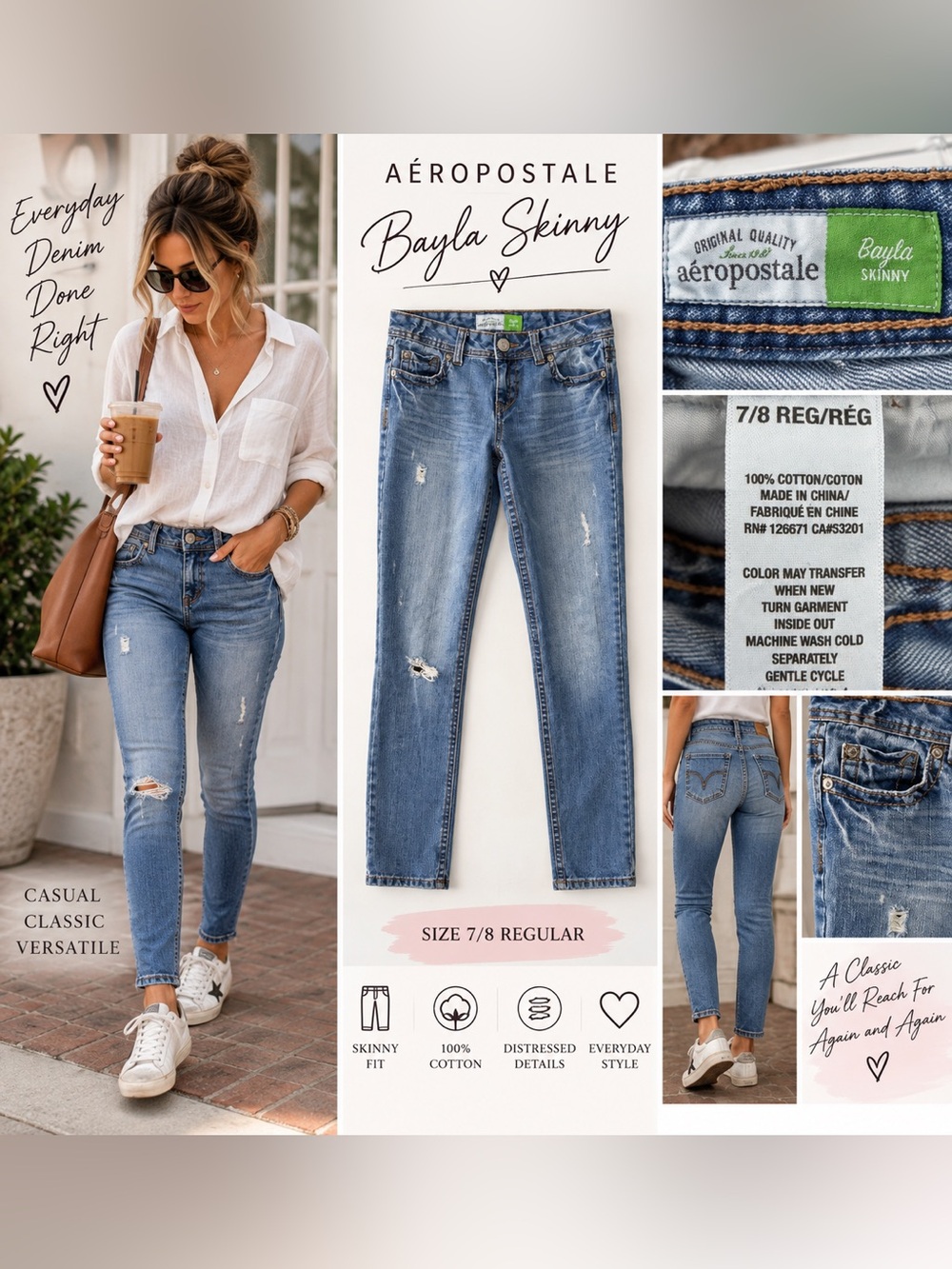 Aéropostale Bayla Skinny Jeans 7/8 Regular Distressed Medium Wash Denim